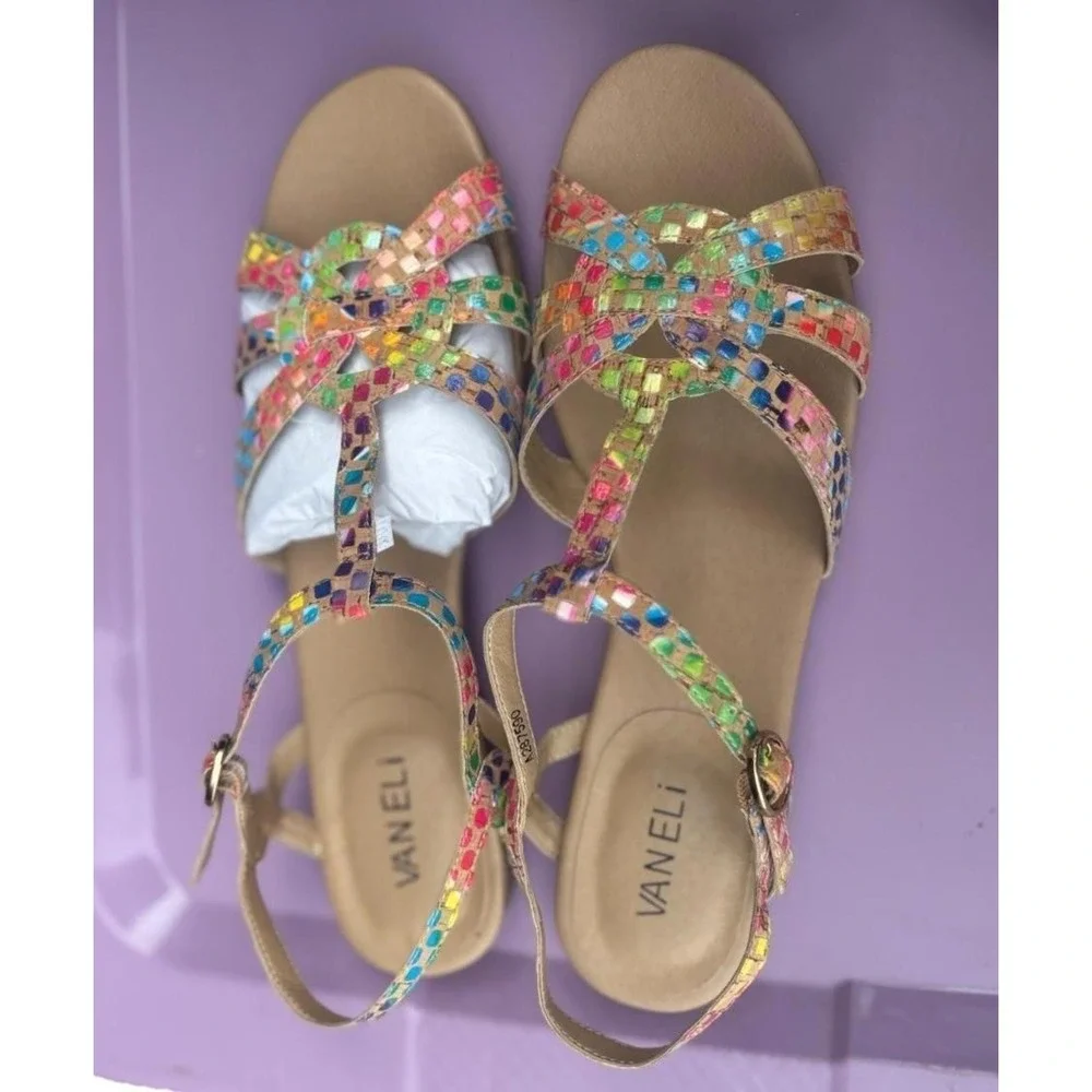 Vaneli Sandals Women's Size 8.5W Shoes Leather Multi-Strap Brandy Colorful New